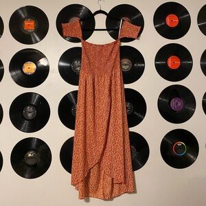 Womens Medium Dress Red White Floral Wrap Woven Off Shoulder Short Sleeve